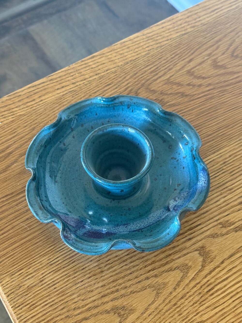 Voltive Candle Holder Ceramic/Pottery Speckled Aqua Blue Signed 7" Vintage